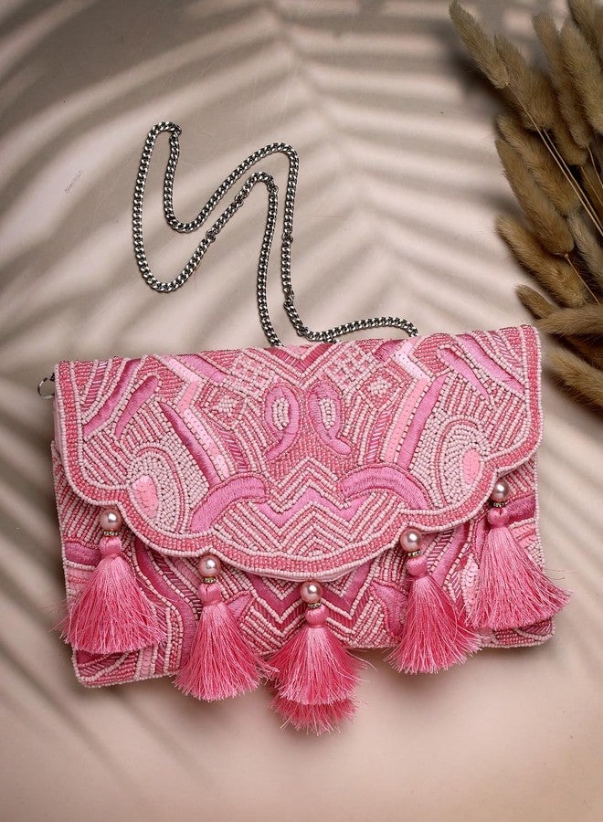 Anekaant Boho Pink Abstract Embellished Satin Sling Bag - Image 2